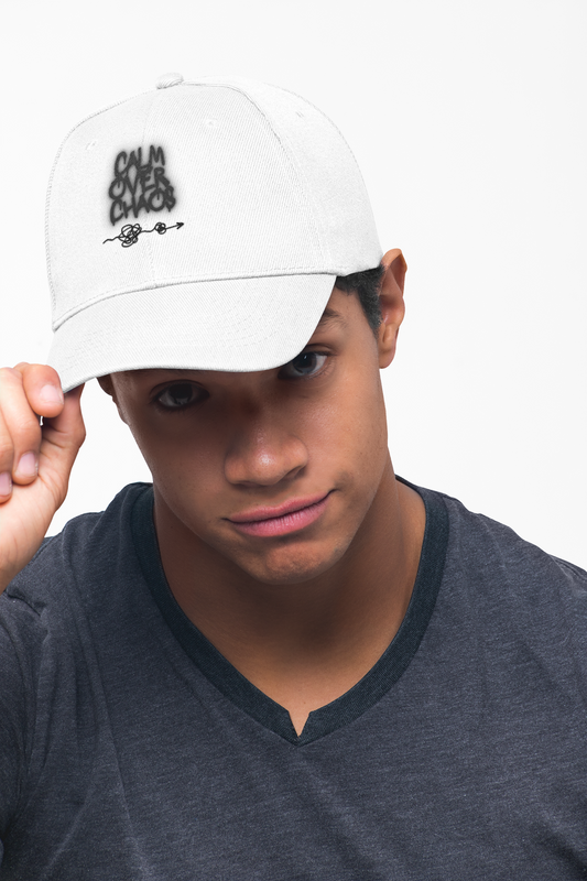 Snapback Hat — Minimal Black Script Logo Flat Bill Cap